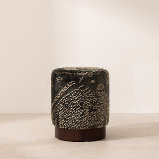 Velvet Pouffe with Walnut Plinth - Tiger Mountain