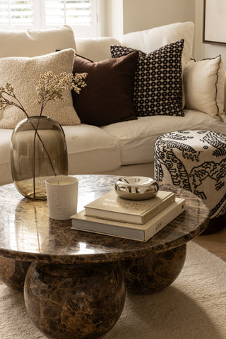 Velvet Pouffe with Walnut Plinth - Tiger Mountain